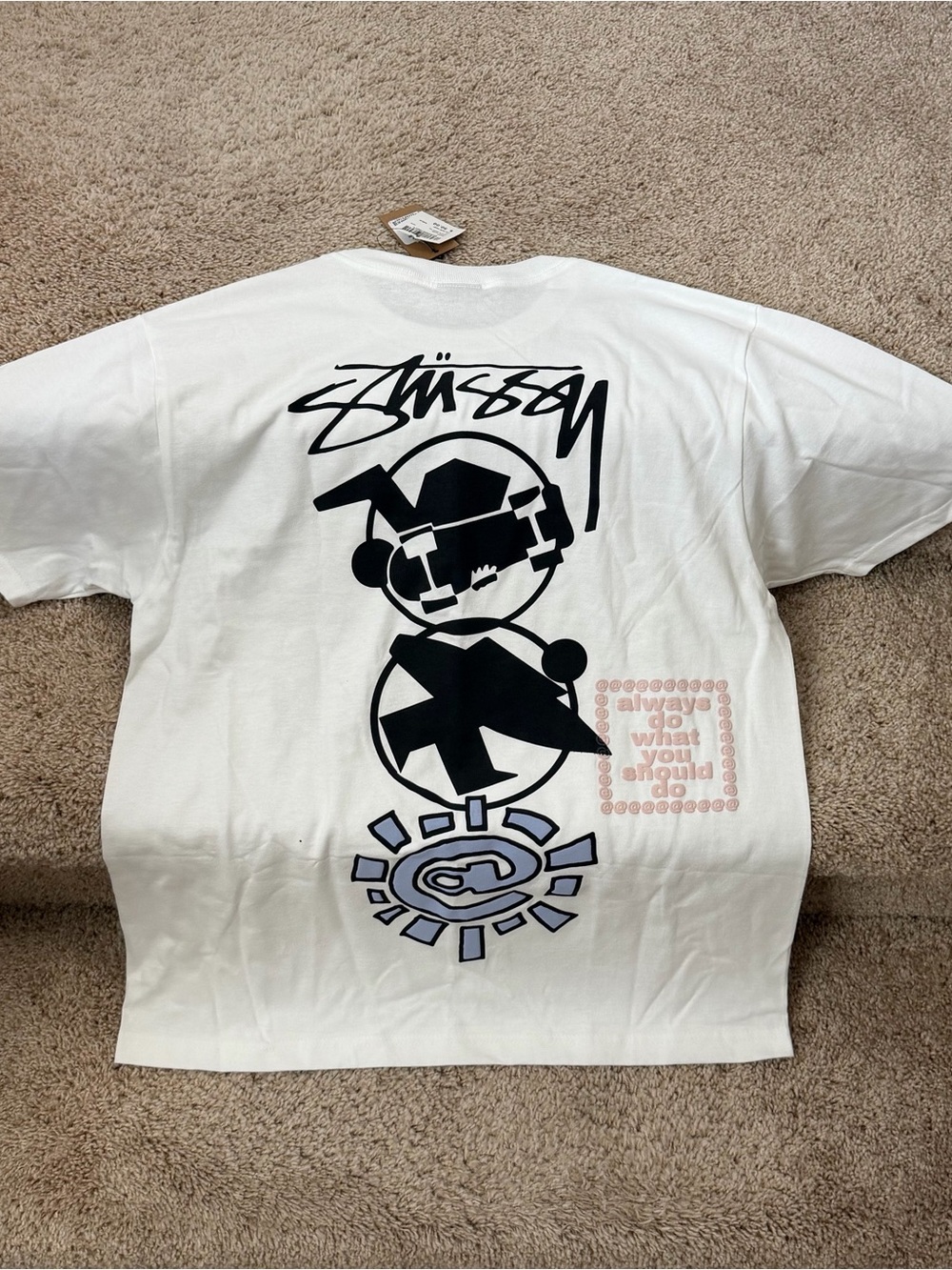 Stussy White Tee with Black & Light Purple Back Graphic